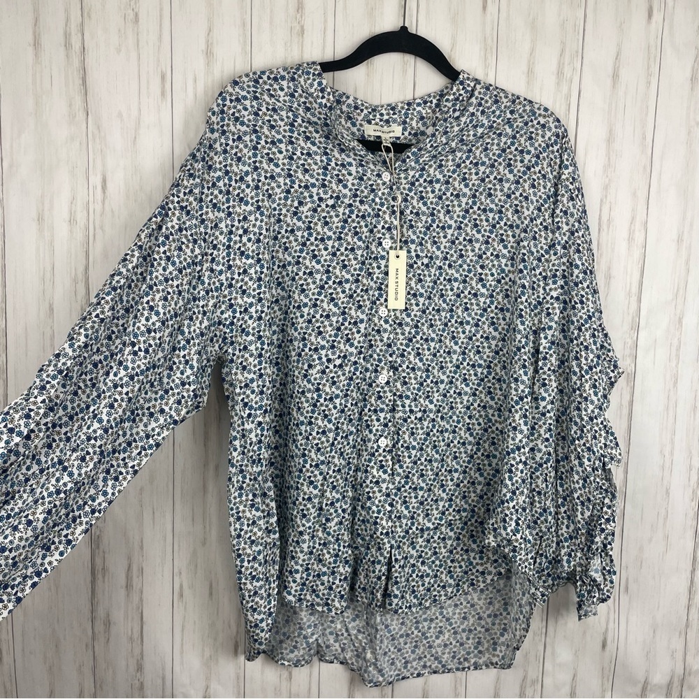 Max Studio NWT blue floral ruffle blouse large